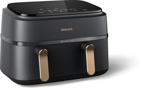 Czarna frytkownica beztłuszczowa z dwoma złotymi uchwytami i panelem dotykowym na górze. Na urządzeniu widoczne jest logo \'PHILIPS\'.