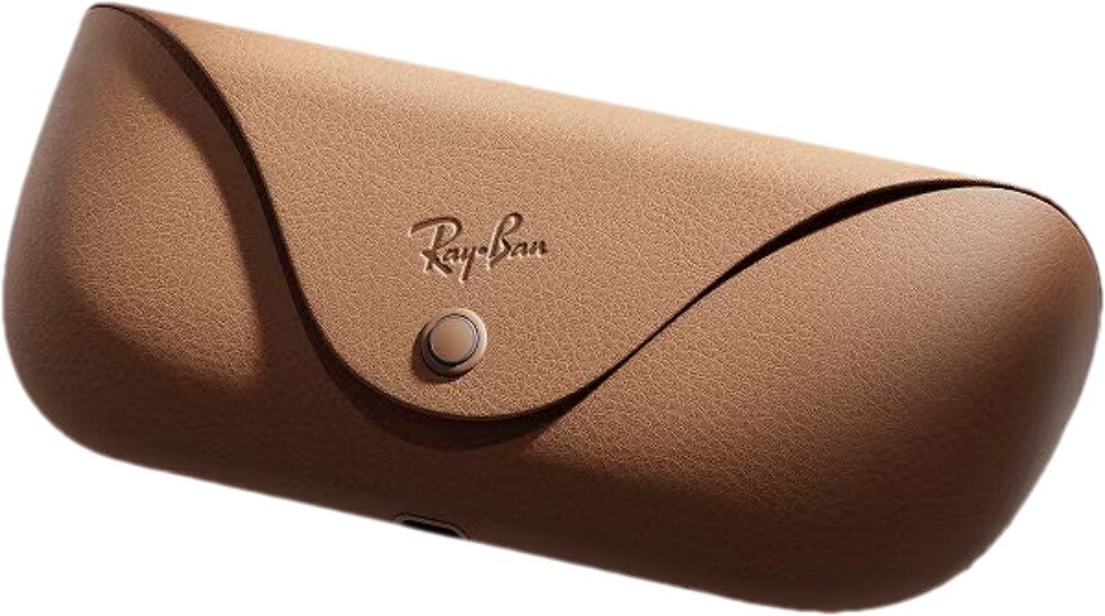 Brązowe etui na okulary z widocznym logo \'Ray-Ban\' i metalowym zapięciem.