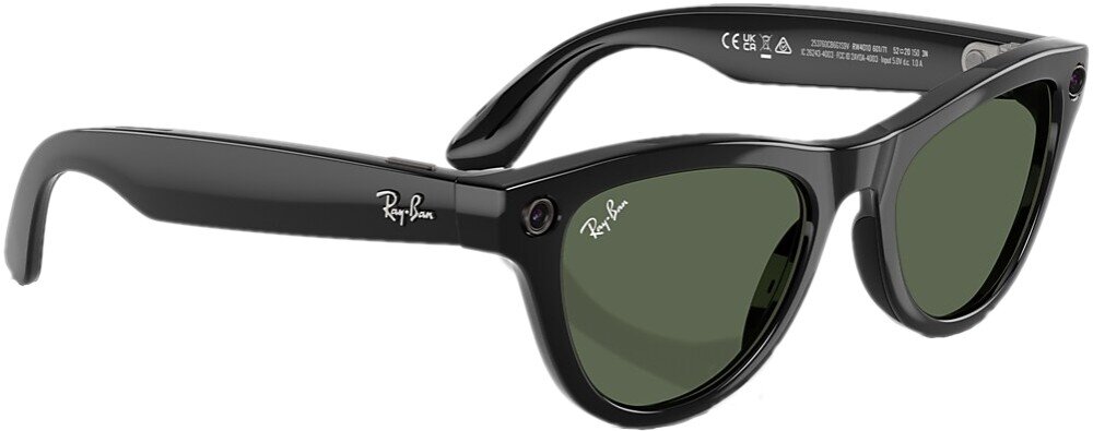 Czarne okulary przeciwsłoneczne z połyskiem, z logo \'Ray-Ban\' na zauszniku. Szkła są ciemne, a na wewnętrznej stronie zausznika widoczne są oznaczenia CE i inne symbole.