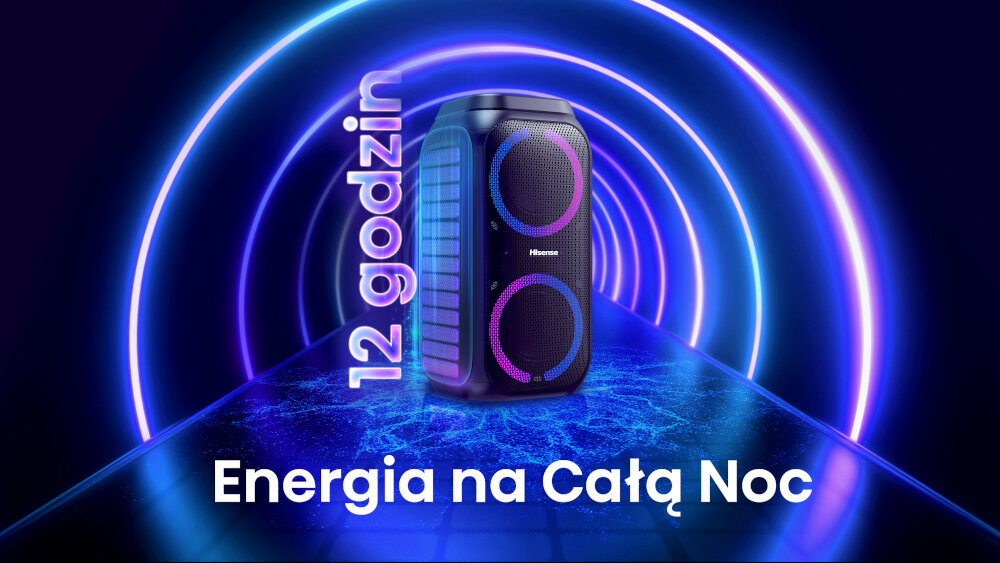 Na obrazie widoczny jest czarny głośnik z podświetleniem, umieszczony w futurystycznym tunelu z niebieskimi i fioletowymi światłami. Tekst na obrazie: \'12 godzin\' oraz \'Energia na Całą Noc\'.