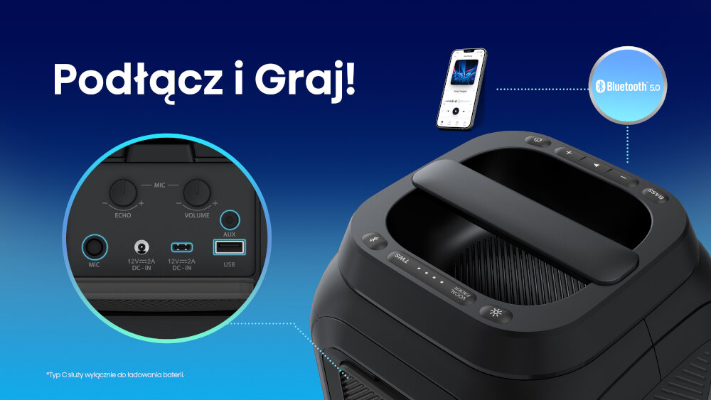 Obraz przedstawia czarny głośnik z uchwytem na górze oraz panel sterowania z przyciskami. Widoczny jest tekst \'Podłącz i Graj!\' oraz ikony wskazujące na możliwość połączenia przez Bluetooth 5.0.