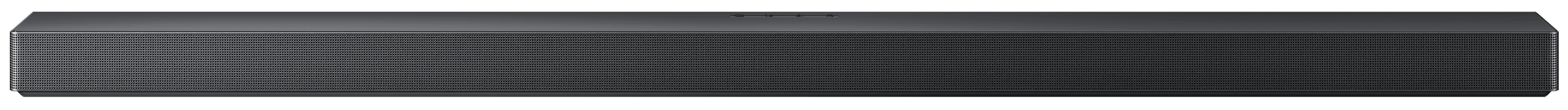 Czarny soundbar o prostokątnym kształcie z widoczną siatką na przednim panelu. Na górze znajdują się trzy przyciski.