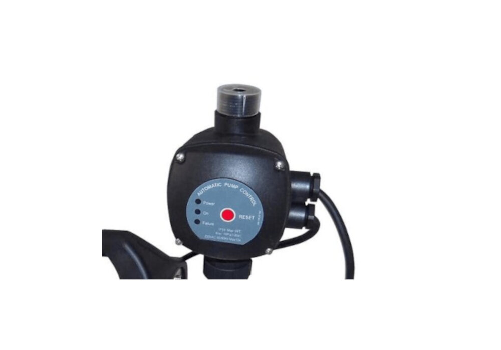 Na zdjęciu widoczny jest czarny element pompy z panelem kontrolnym oznaczonym jako \'AUTOMATIC PUMP CONTROLLER\'. Na panelu znajdują się przyciski i wskaźniki z napisami: \'Power\', \'On\', \'Failure\', oraz przycisk \'RESET\'.