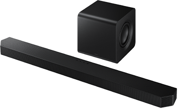 Na obrazie widoczny jest czarny soundbar oraz bezprzewodowy subwoofer. Oba urządzenia mają nowoczesny design i są w kolorze czarnym.