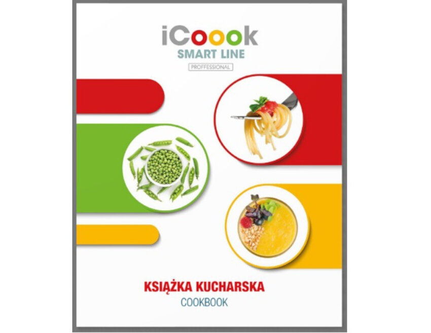Okładka książki kucharskiej z napisem \'iCoook SMART LINE PROFESSIONAL\'. Widoczne są trzy okrągłe zdjęcia przedstawiające groszek, makaron i deser, oraz napisy \'KSIĄŻKA KUCHARSKA\' i \'COOKBOOK\'.
