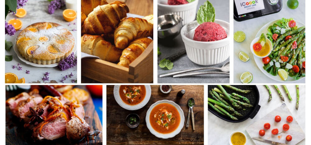 Kolaż zdjęć przedstawiający różnorodne potrawy, w tym ciasto z owocami, croissanty, deser w białych miseczkach, sałatkę z warzywami, pieczone mięso, zupę oraz szparagi z pomidorkami. W prawym górnym rogu widoczny jest fragment urządzenia z logo \'ICOOOK\'.