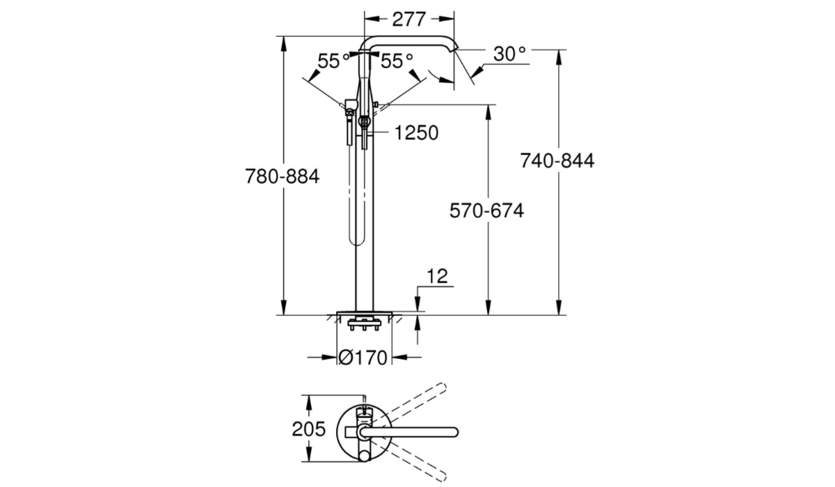 BATERIA WANNOWA WOLNOSTOJĄCA GROHE ESSENCE 23491001 CHROM Obraz przedstawia szczegółowy schemat techniczny wielootworowej baterii wannowej, zawierający wymiary poszczególnych elementów, rozstaw otworów montażowych oraz oznaczenia średnic (m.in. Ø65, Ø40, Ø30). W dolnej części widoczny jest układ wymaganych otworów montażowych wraz z dokładnymi odległościami i średnicami przyłączy G 1/2 zdjęcie techniczne wymiary dodatkowe informacje
