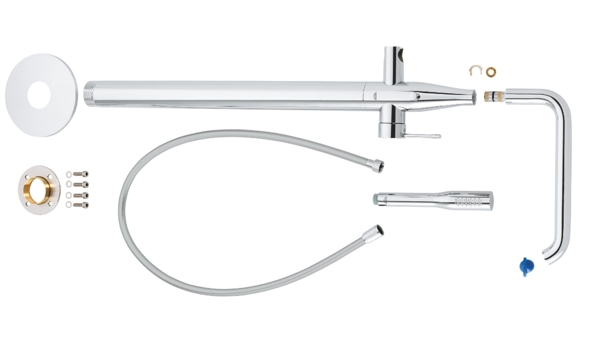 BATERIA WANNOWA WOLNOSTOJĄCA GROHE ESSENCE 23491001 CHROM zdjęcie pokazuje kompletny zestaw elementów wolnostojącej baterii wannowej, w tym korpus, wylewkę, słuchawkę prysznicową, węże elastyczne i drobne akcesoria montażowe. Wszystkie komponenty są ułożone na białym tle, co ułatwia ich identyfikację