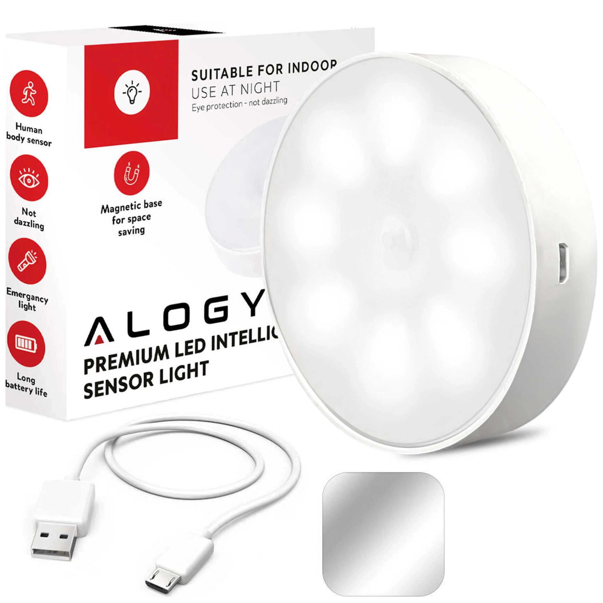 Na obrazie widoczna jest okrągła lampka LED oraz pudełko z napisem \'Alogy Premium LED Intelligent Sensor Light\'. Obok znajduje się biały kabel USB oraz mały, kwadratowy element.