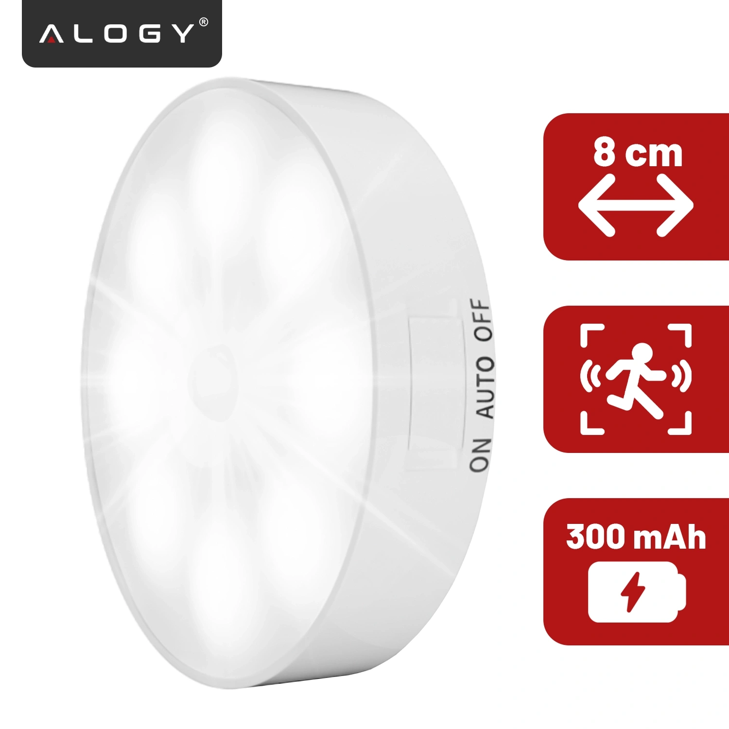 Na obrazie widoczna jest okrągła lampka LED z logo \'ALOGY\', z boku napis \'ON AUTO OFF\'. Obok znajdują się ikony z napisami: \'8 cm\', symbol czujnika ruchu oraz \'300 mAh\'.