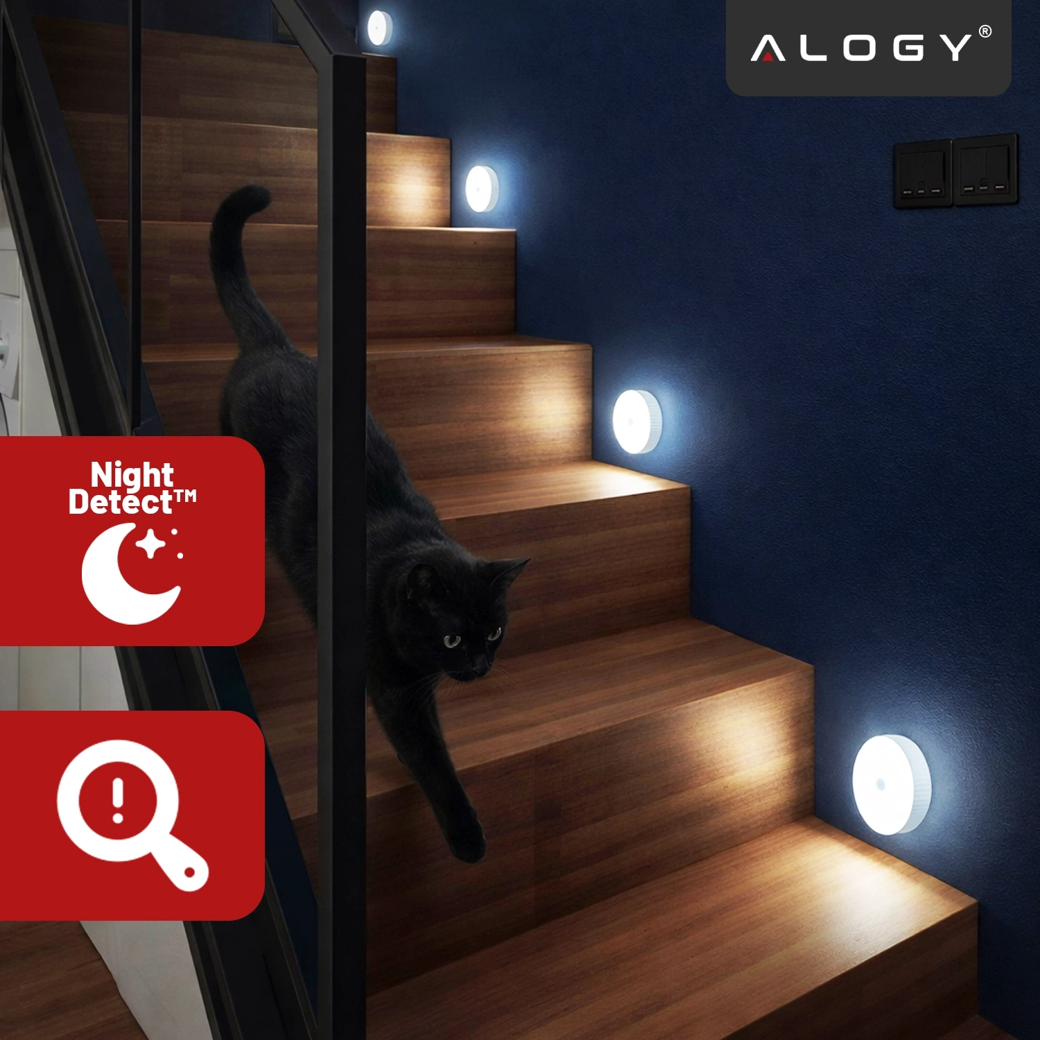 Na drewnianych schodach zamontowane są okrągłe lampki LED emitujące białe światło. W lewym dolnym rogu widoczne są czerwone ikony z napisami \'Night Detect™\' i symbolem lupy z wykrzyknikiem, a w prawym górnym rogu logo \'ALOGY\'.