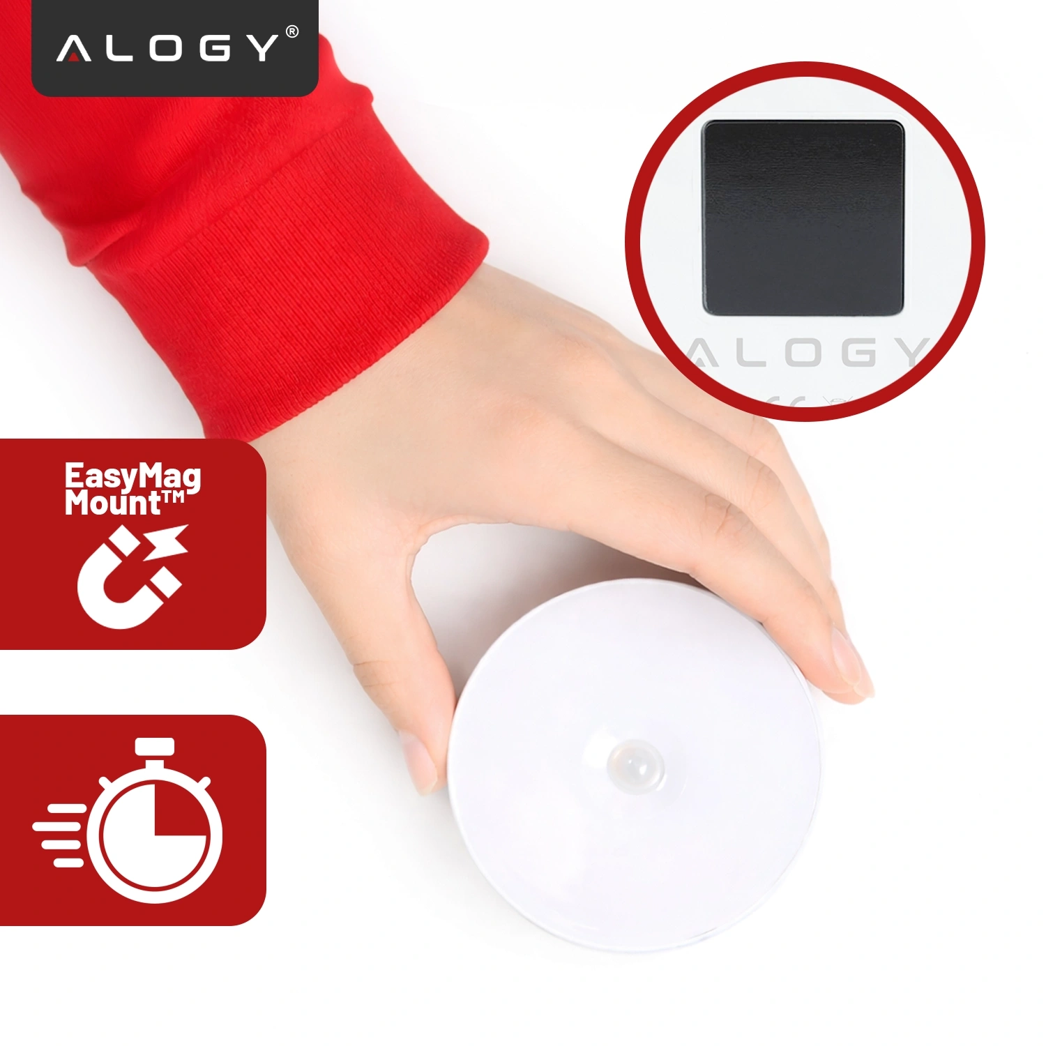 Osoba trzyma okrągłą, białą lampkę z czujnikiem ruchu. Widoczne są napisy: \'ALOGY\', \'EasyMag Mount™\' oraz ikona zegara.