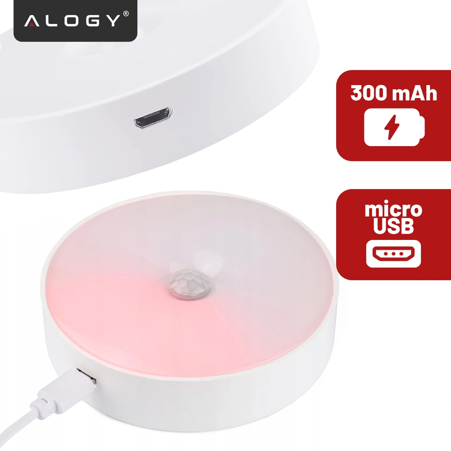 Obraz przedstawia okrągłą lampkę nocną z czujnikiem ruchu, z logo \'ALOGY\' oraz portem micro USB. Obok znajdują się ikony z napisami \'300 mAh\' i \'micro USB\'.