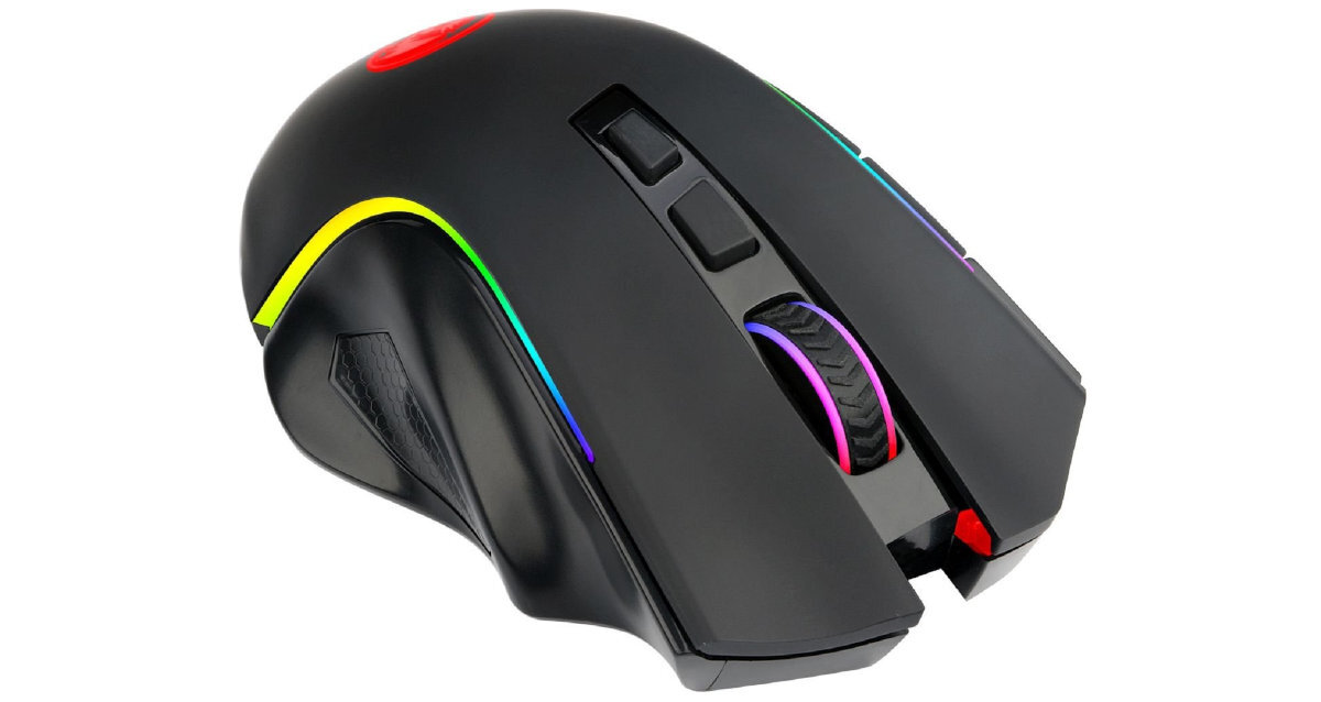 Czarna mysz komputerowa z kolorowym podświetleniem RGB i kilkoma przyciskami na górnej powierzchni.