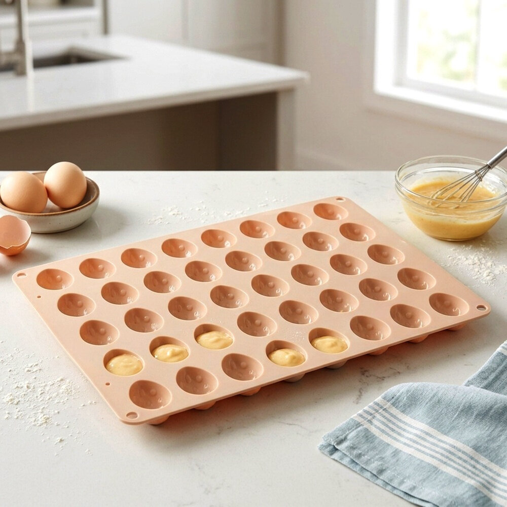 Na blacie kuchennym znajduje się beżowa silikonowa forma do ciastek i pralin z wgłębieniami w kształcie jajek. Obok formy leży miska z jajkami i miska z ciastem oraz trzepaczką.