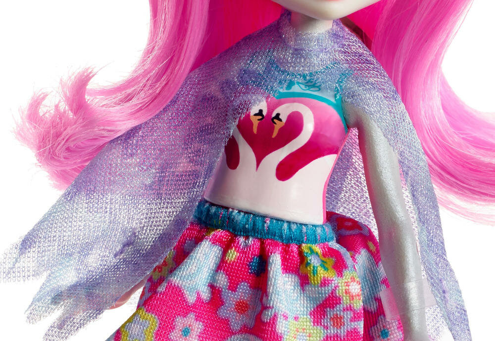 MATTEL-ENCHANTIMALS-SAFFI kolorowy strój top grafika łabędź serduszka spódniczka motyw kwiaty piórka narzutka skrzydełka kolory