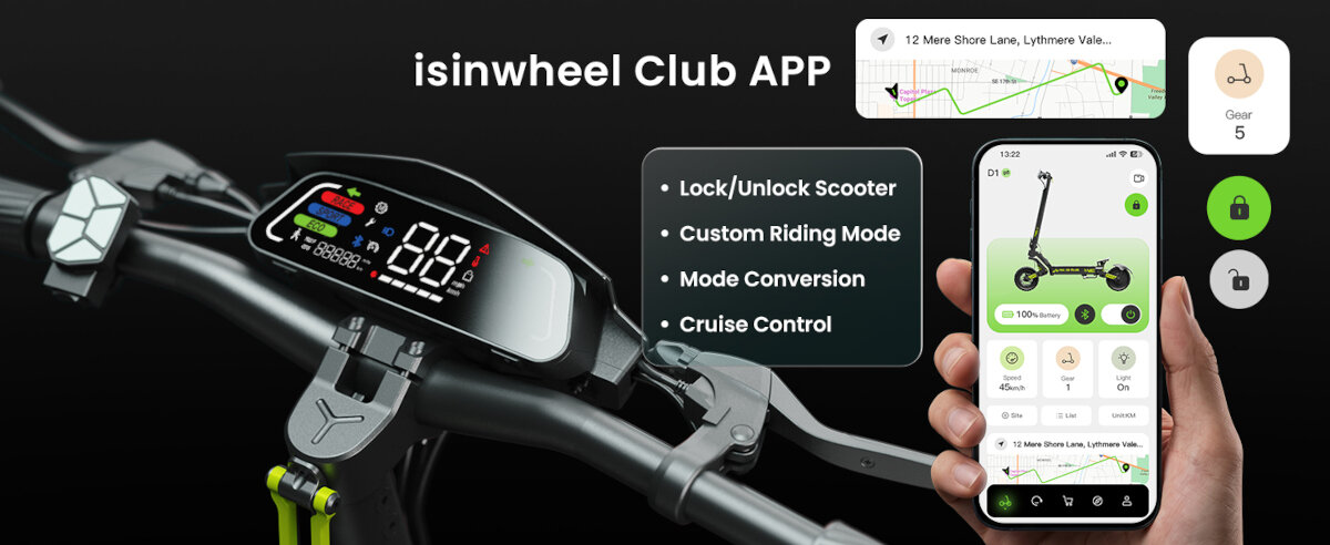 Obraz przedstawia kierownicę hulajnogi elektrycznej z wyświetlaczem pokazującym różne parametry oraz telefon z aplikacją \'isinwheel Club APP\'. Na ekranie telefonu widoczne są opcje takie jak \'Lock/Unlock Scooter\', \'Custom Riding Mode\', \'Mode Conversion\' i \'Cruise Control\'.