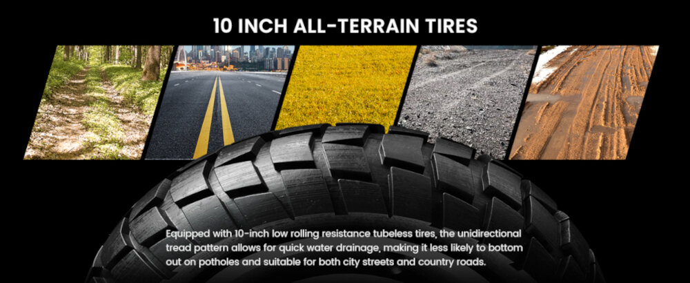 Obraz przedstawia oponę z napisem \'10 INCH ALL-TERRAIN TIRES\' oraz zdjęcia różnych nawierzchni: leśnej, asfaltowej, żwirowej i błotnistej. Tekst poniżej opisuje cechy opony, podkreślając jej niskie opory toczenia i przystosowanie do różnych dróg.