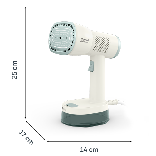 Parownica do ubrań w kolorze białym z niebieskimi akcentami, z widocznym logo \'Tefal AeroSteam\'. Wymiary urządzenia to 25 cm wysokości, 17 cm długości i 14 cm szerokości.