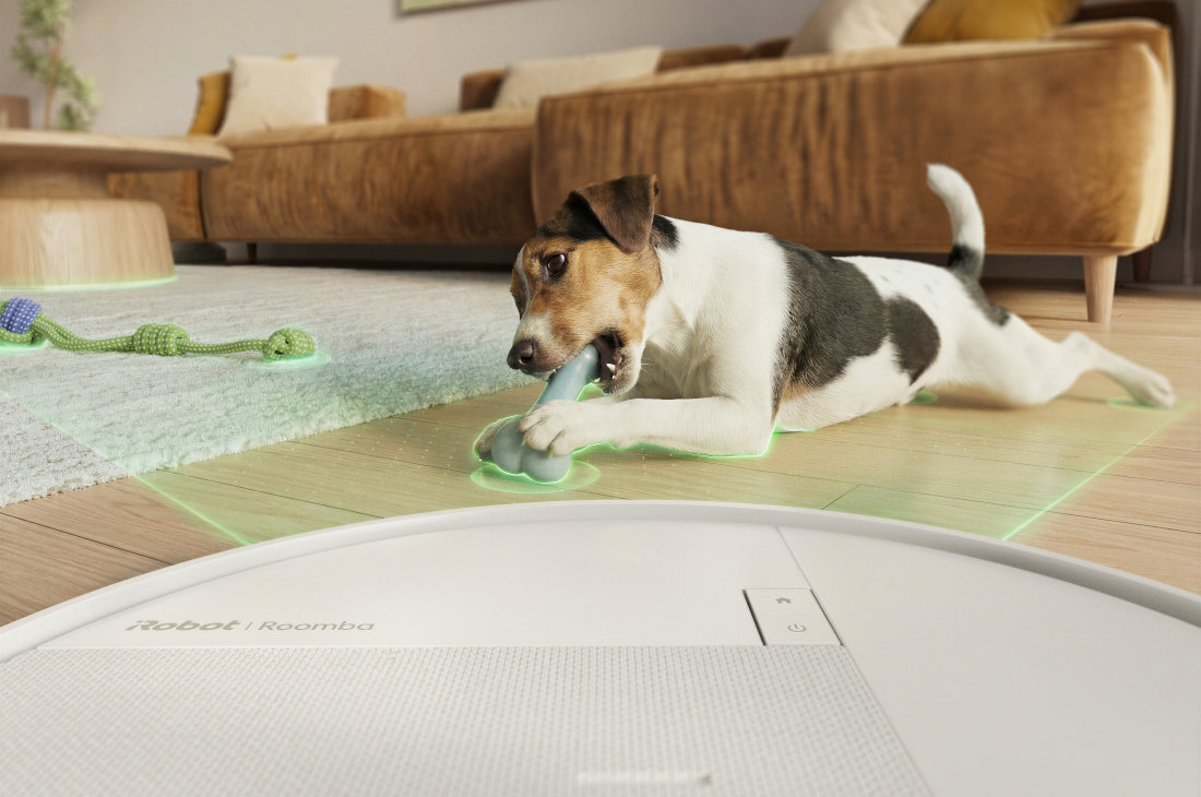 Na podłodze w salonie leży pies bawiący się zabawką, a w tle widać kanapę. Na pierwszym planie znajduje się fragment robota sprzątającego z widocznym logo \'iRobot Roomba\'.
