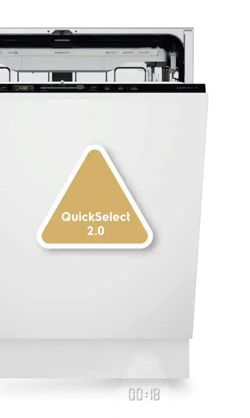 Zmywarka z otwartymi drzwiami, na których widnieje trójkątny symbol z napisem \'QuickSelect 2.0\'.