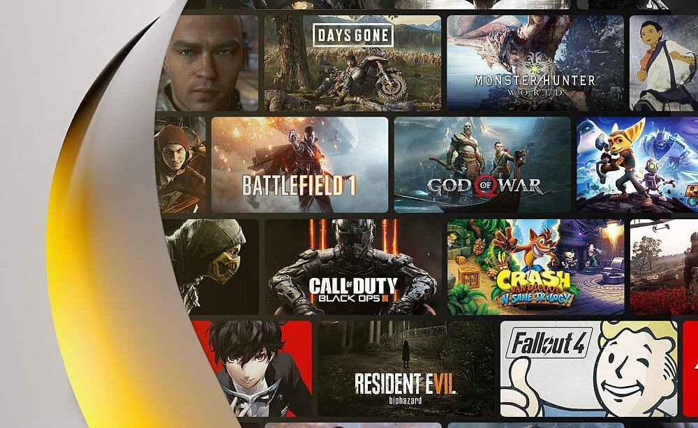 Obraz przedstawia ekran z miniaturami gier wideo, takich jak \'Days Gone\', \'Monster Hunter World\', \'Battlefield 1\', \'God of War\', \'Call of Duty Black Ops III\', \'Resident Evil biohazard\', \'Fallout 4\' i \'Crash Bandicoot N. Sane Trilogy\'. Po lewej stronie widoczny jest fragment białej powierzchni z żółtym akcentem.