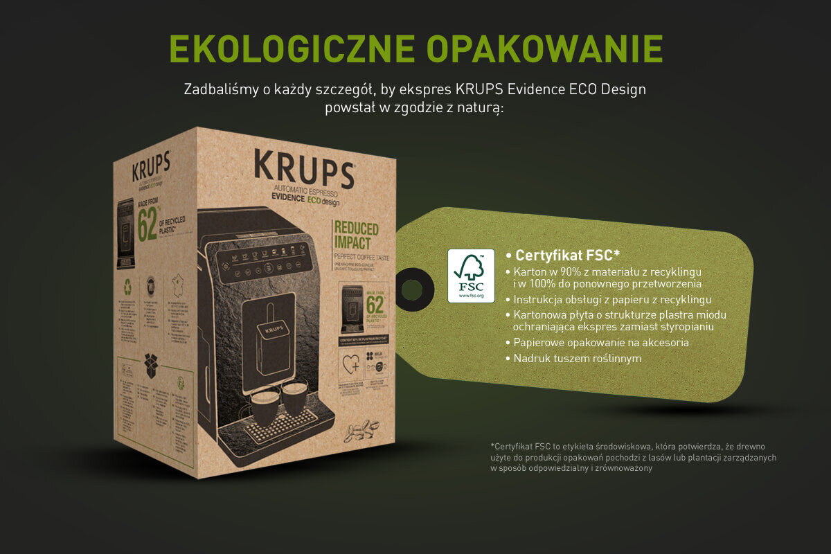 Obraz przedstawia kartonowe opakowanie ekspresu KRUPS Evidence ECO Design z napisem \'REDUCED IMPACT\' oraz informacjami o ekologicznym opakowaniu. Obok znajduje się zielona etykieta z certyfikatem FSC i szczegółami dotyczącymi materiałów z recyklingu.