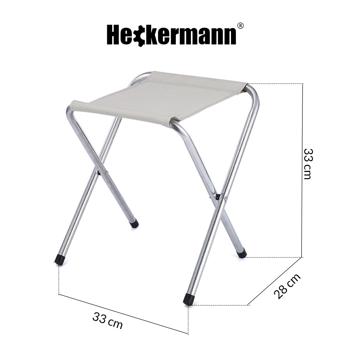 Składany taboret z metalowymi nogami i jasnym siedziskiem, z wymiarami 33 cm x 28 cm x 33 cm. Widoczne logo \'Heckermann\' nad taboretem.