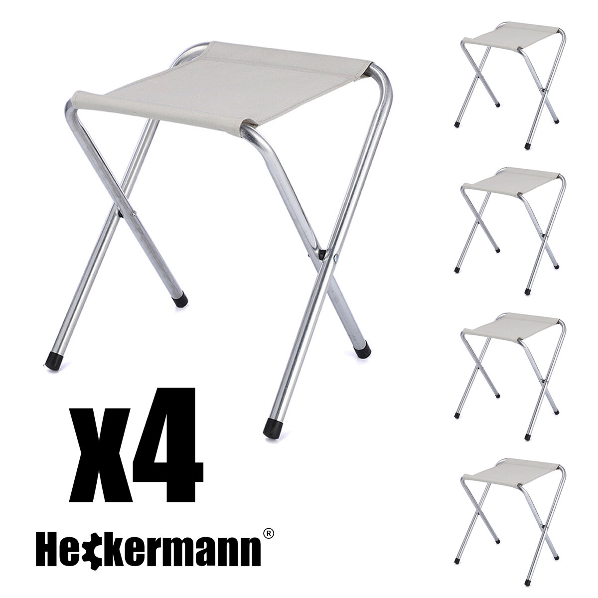 Zdjęcie przedstawia cztery składane taborety z metalowymi nogami i jasnym siedziskiem. Na dole widoczny jest napis \'x4 Heckermann\'.