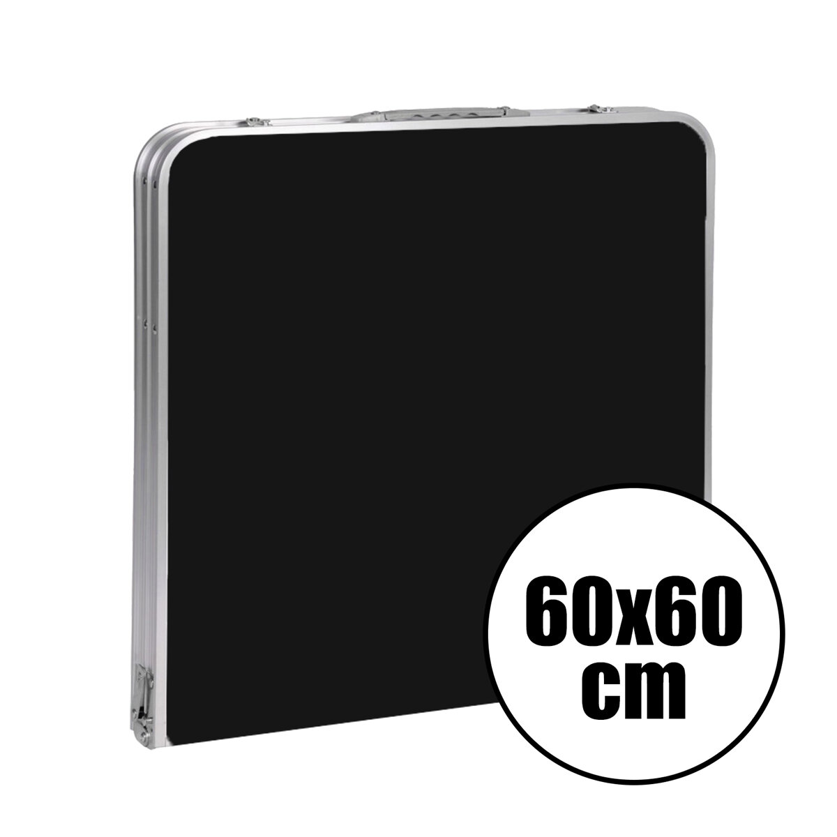 Czarny składany stół z metalowymi krawędziami, z okrągłym białym oznaczeniem z napisem \'60x60 cm\'.