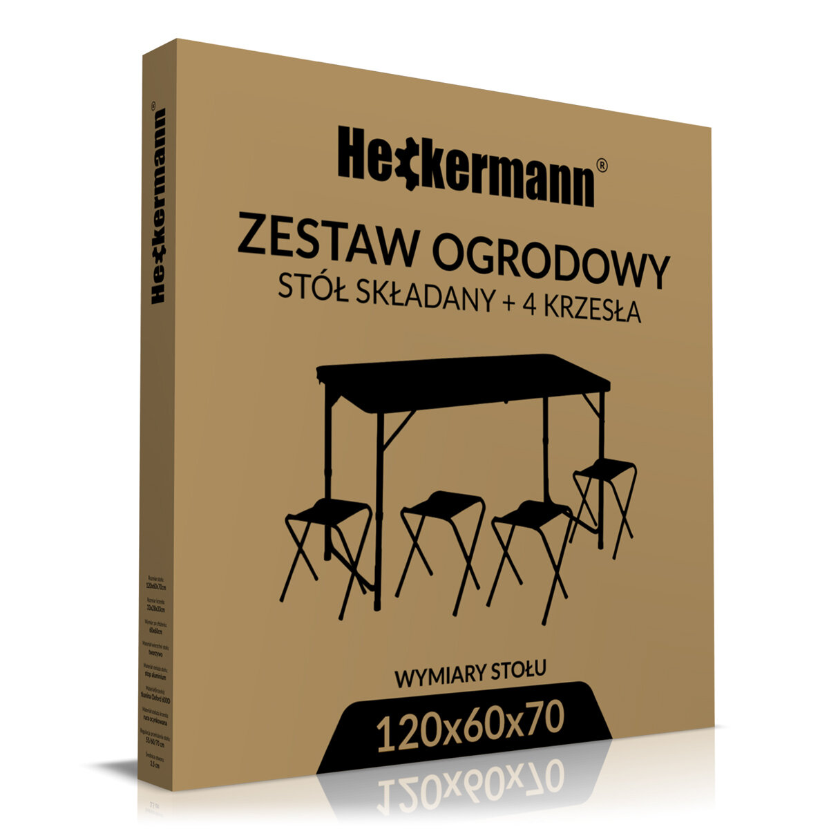 Opakowanie produktu z napisem \'Heckermann ZESTAW OGRODOWY STÓŁ SKŁADANY + 4 KRZESŁA\' oraz grafiką przedstawiającą stół i cztery krzesła. Na dole widnieje napis \'WYMIARY STOŁU 120x60x70\'.