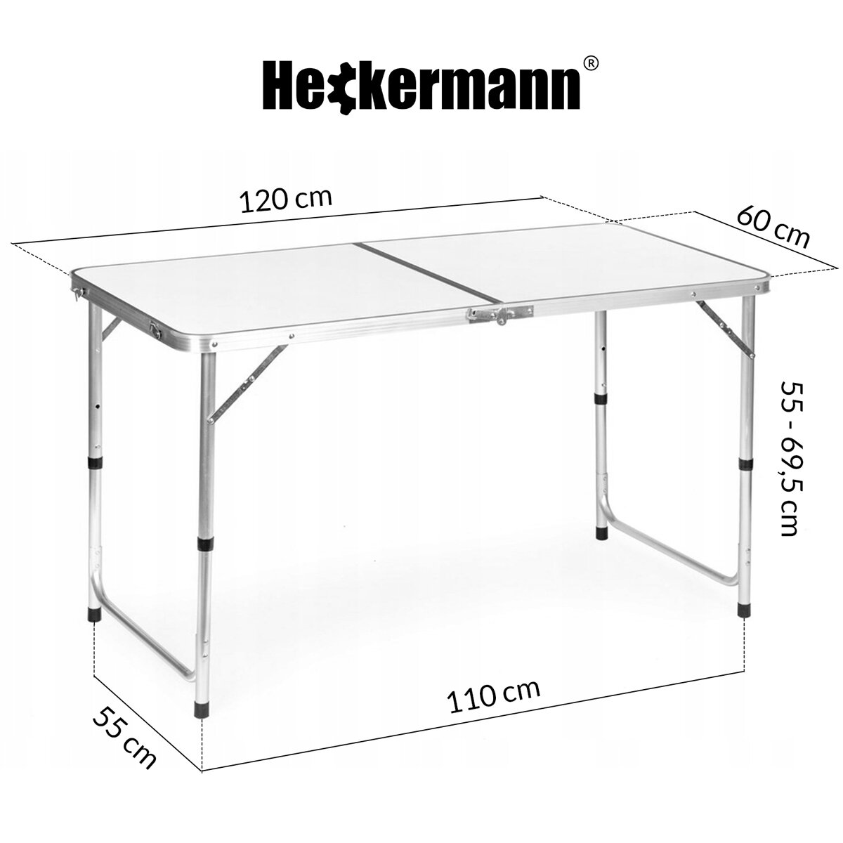 Stół składany o wymiarach 120x60 cm z białym blatem i metalowymi nogami, z logo \'Heckermann\' oraz oznaczeniami wymiarów: 120 cm, 60 cm, 55-69,5 cm, 55 cm, 110 cm.