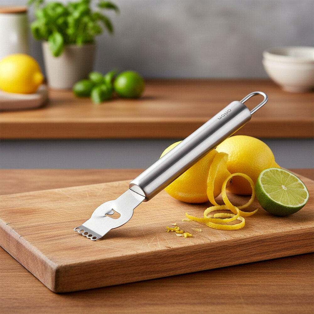 Stalowy nóż do cytrusów leży na drewnianej desce obok cytryny i limonki. W tle widoczne są zioła w doniczce i kilka limonek.