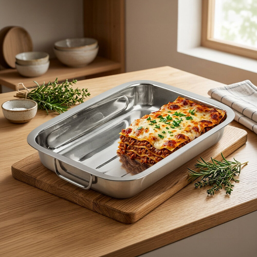 Na drewnianym blacie kuchennym stoi stalowa brytfanna z lasagne posypaną ziołami. W tle widoczne są miski i zioła.