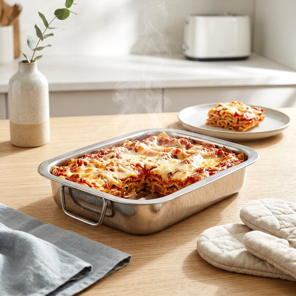 Na drewnianym stole stoi stalowa brytfanna z lasagne, z której unosi się para. Obok znajduje się talerz z porcją lasagne, rękawice kuchenne i wazon z gałązką.