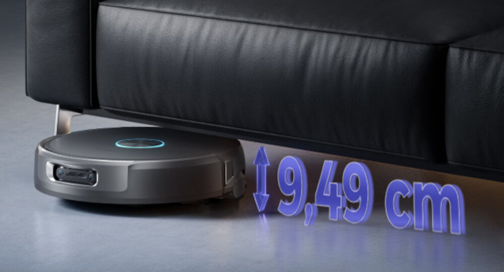 Robot sprzątający NARWAL Flow 2 Compact Dock Styl i wykonanie wyróżnia się  czarnym wykończeniem stacji dokującej oraz szklanym panelem górnym Podświetlenie ambientowe Konstrukcja robota o wysokości 95 mm zdjęcie lifestyle