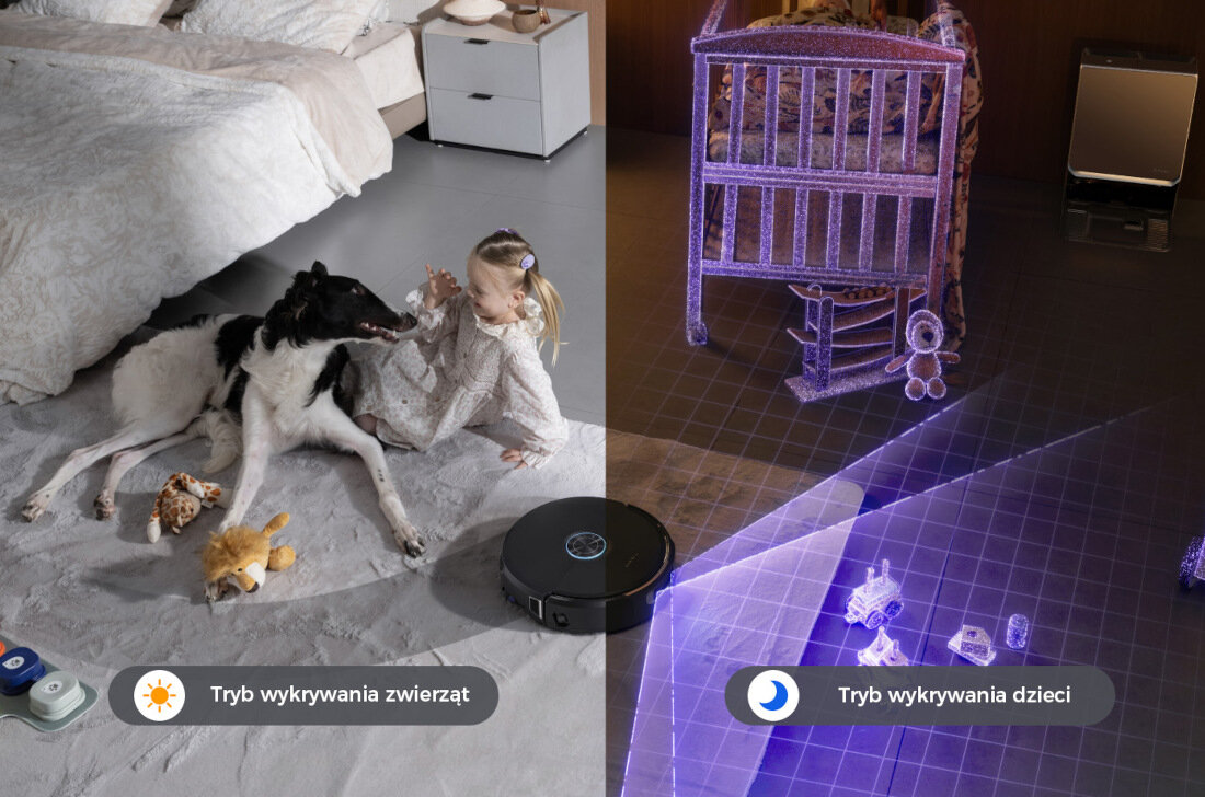 Robot sprzątający NARWAL Flow 2 Compact Dock Ukryty czujnik LiDAR  mapowanie 3D TrueView  Podwójna kamera RGB boczne światło strukturalne rozpoznaje dziecięce strefy sterylne pracuje cicho poniżej 56dB zdjęcie lifestyle