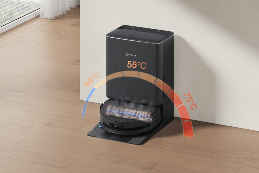 Na obrazie widoczny jest czarny robot sprzątający z logo ECOVACS, umieszczony na stacji dokującej. Obok niego znajduje się grafika z temperaturami 40°C, 55°C i 75°C.