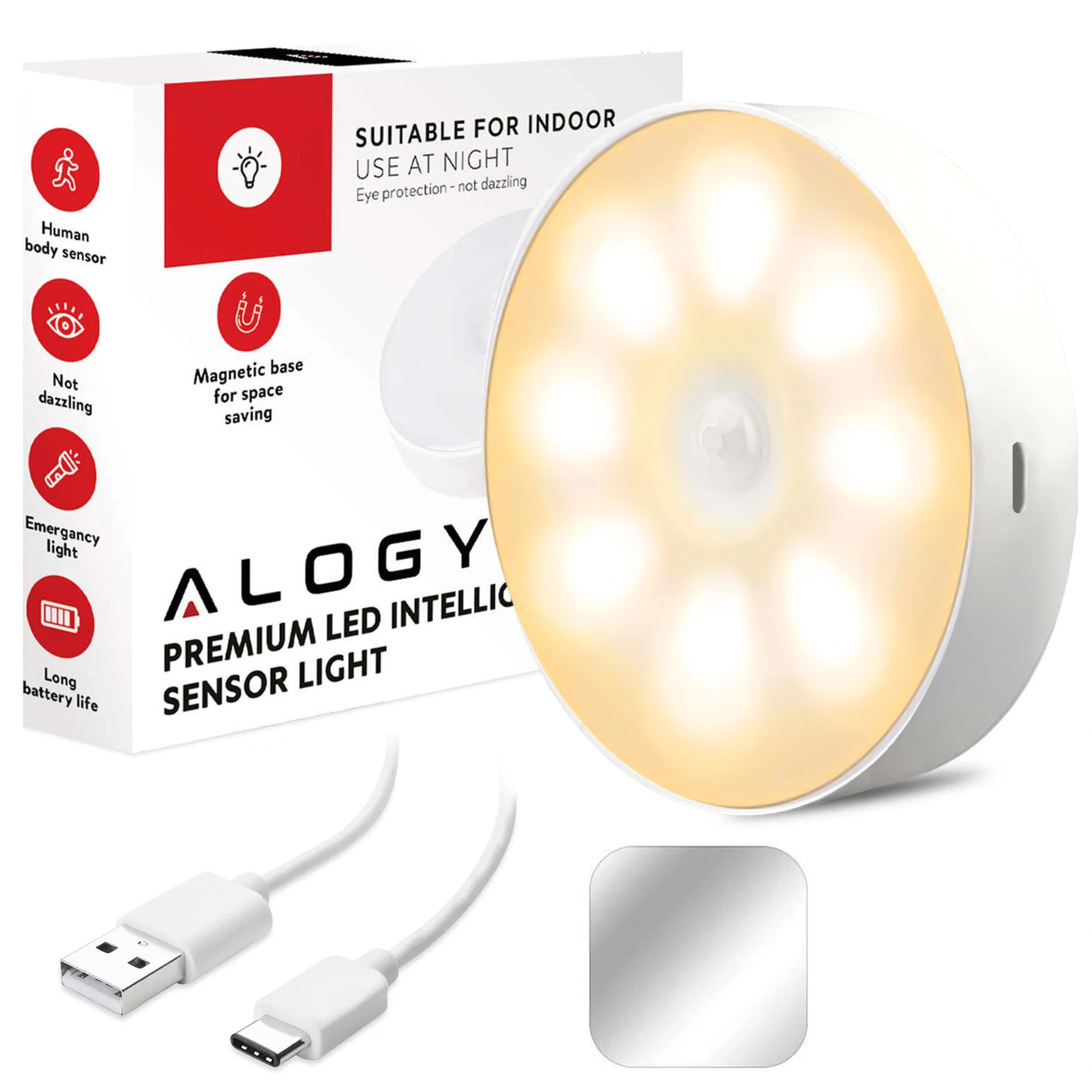 Na obrazie widoczna jest okrągła lampka LED emitująca ciepłe światło oraz opakowanie z napisem \'Alogy Premium LED Intelligent Sensor Light\'. Obok znajduje się biały kabel USB-C i mały, kwadratowy element przypominający magnes.