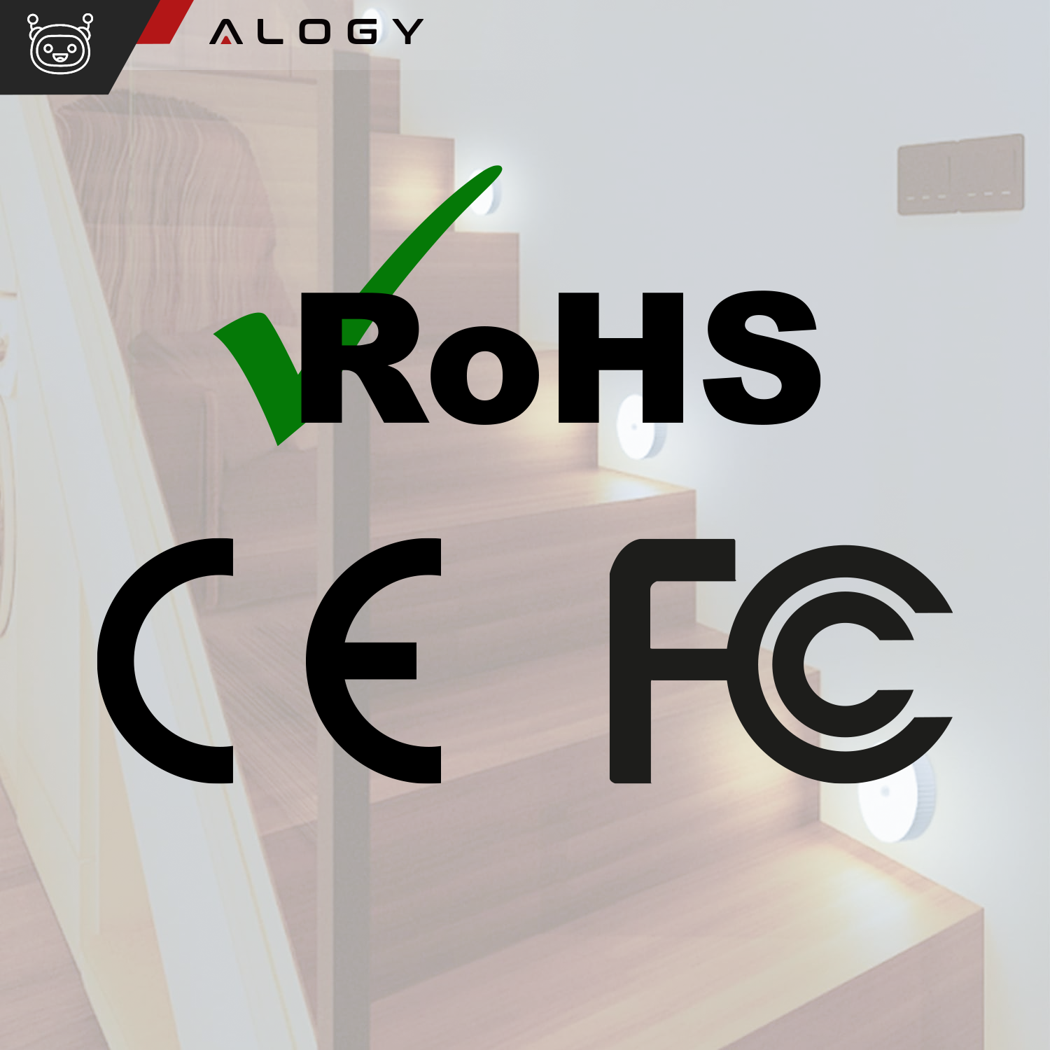 Obraz przedstawia schody z zamontowanymi lampkami LED, które emitują ciepłe światło. Na pierwszym planie widoczne są logotypy RoHS, CE i FCC oraz logo Alogy.