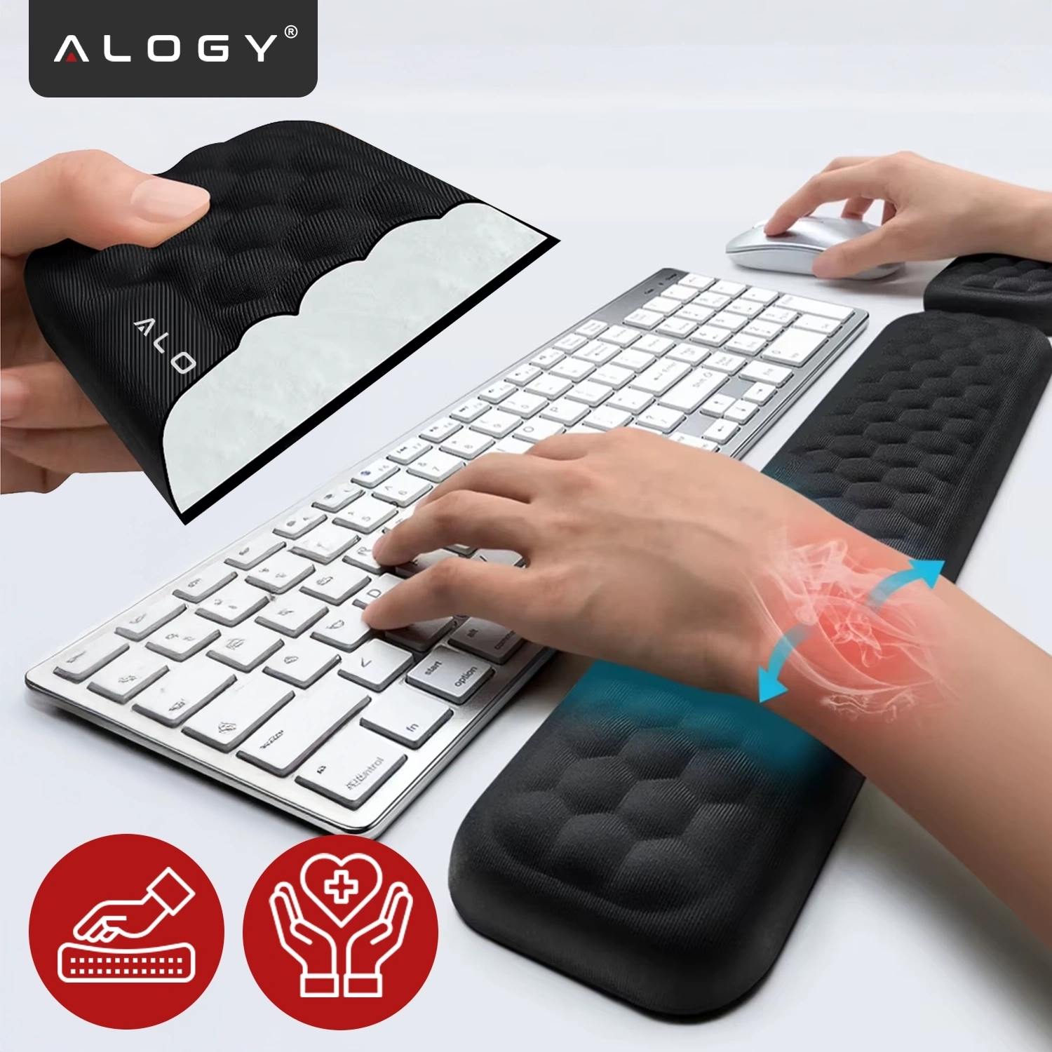 Na obrazie widoczna jest klawiatura z podkładką pod nadgarstki oraz myszka, a także ręka trzymająca czarną podkładkę z logo \'ALOGY\'. Na dole znajdują się ikony przedstawiające dłoń na podkładce i symbol zdrowia.