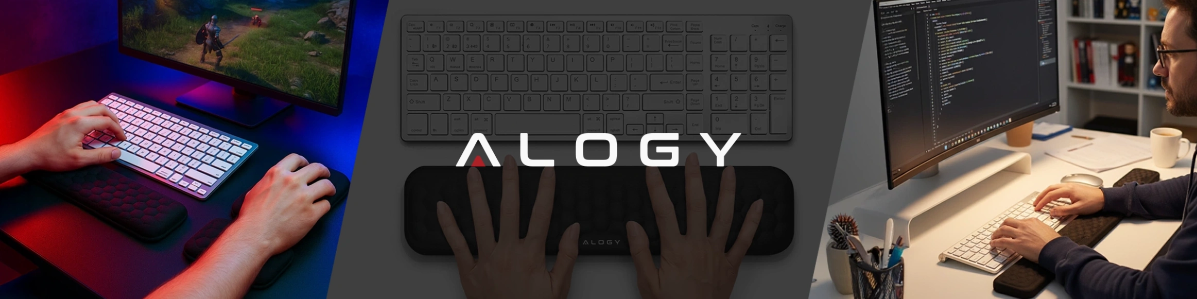 Obraz przedstawia trzy sceny z osobami używającymi klawiatur i podkładek pod nadgarstki. Na środku widoczne jest logo \'ALOGY\'.
