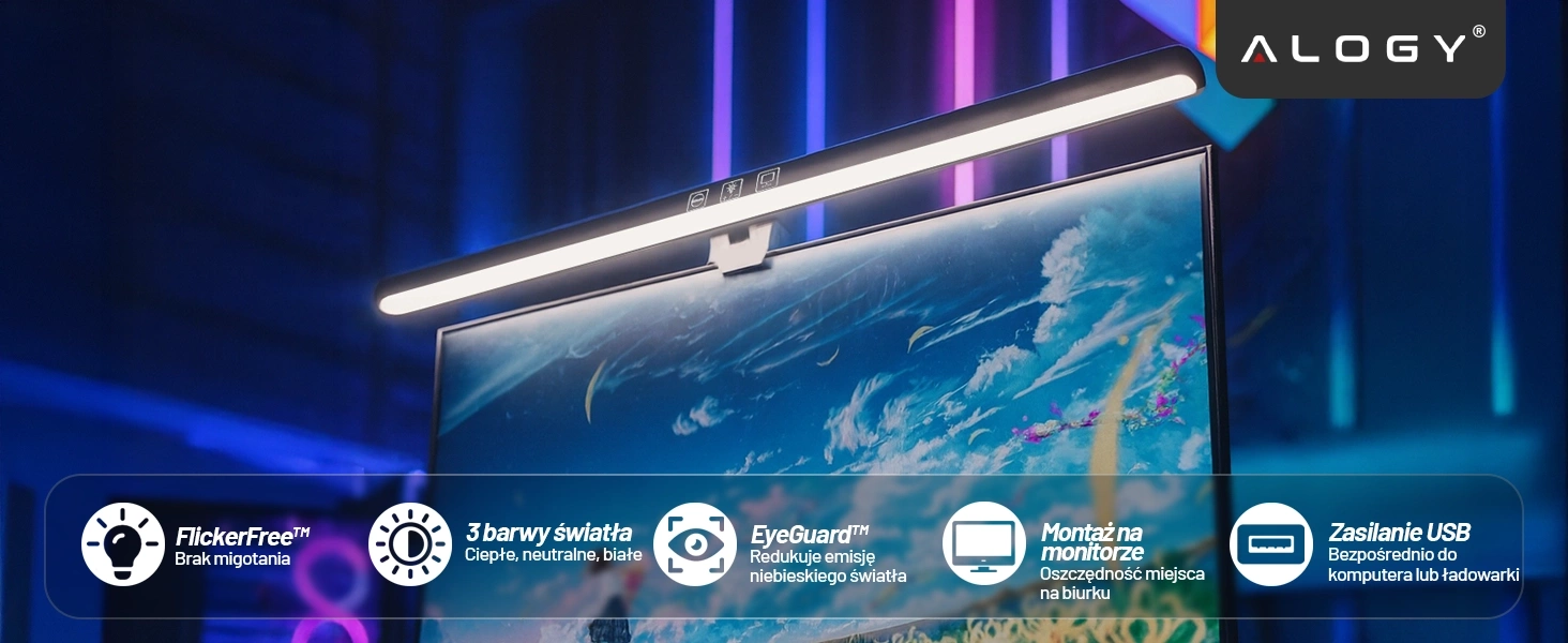 Na obrazie widoczna jest lampka LED zamontowana na monitorze, z logo \'ALOGY\' w prawym górnym rogu. Na dole znajdują się ikony z tekstem: \'FlickerFree™ Brak migotania\', \'3 barwy światła Ciepłe, neutralne, białe\', \'EyeGuard™ Redukuje emisję niebieskiego światła\', \'Montaż na monitorze Oszczędność miejsca na biurku\', \'Zasilanie USB Bezpośrednio do komputera lub ładowarki\'.