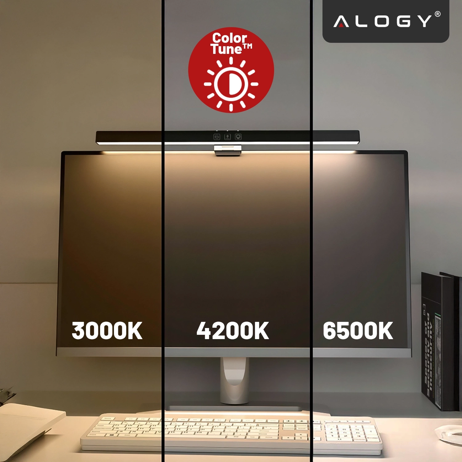 Obraz przedstawia monitor z zamontowaną lampką LED, która oświetla ekran w trzech różnych temperaturach barwowych: 3000K, 4200K i 6500K. Widoczne są także logo \'Alogy\' oraz symbol \'Color Tune™\'.