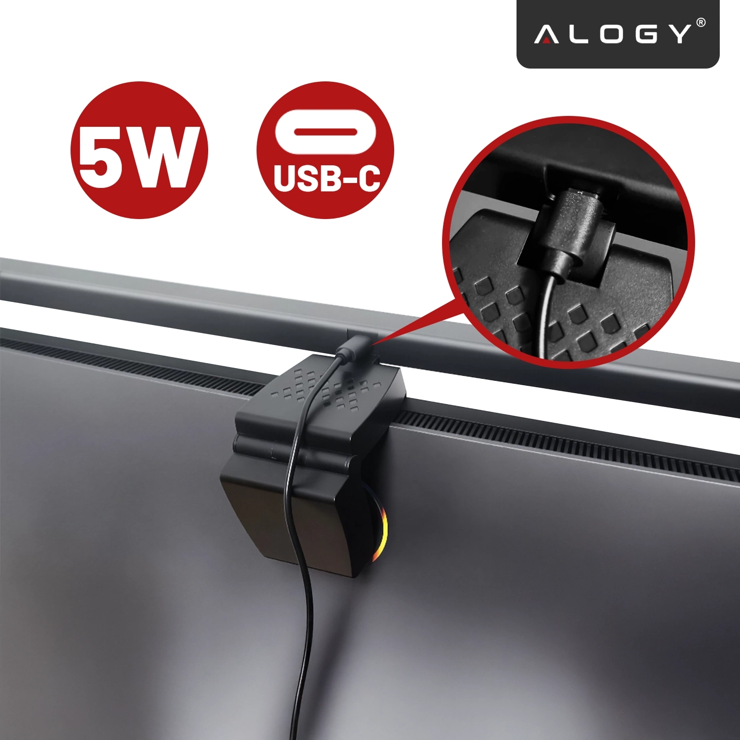 Obraz przedstawia lampkę LED zamontowaną na monitorze z kablem USB-C. Widoczne są symbole \'5W\' i \'USB-C\' oraz logo \'ALOGY\'.