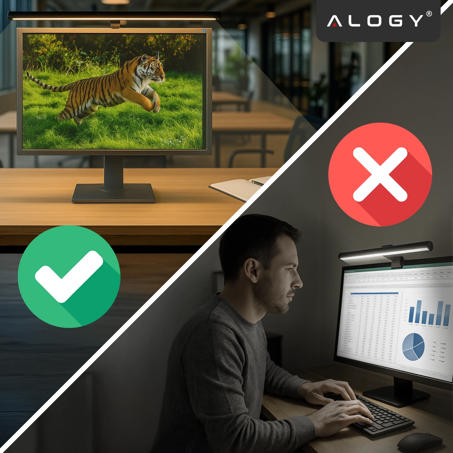 Obraz podzielony na dwie części: na górze monitor z lampką LED oświetlającą ekran z tygrysem, na dole osoba pracująca przy komputerze z wykresami, również z lampką LED. Logo \'ALOGY\' widoczne w prawym górnym rogu, a obok monitora zielony symbol zatwierdzenia i czerwony symbol zakazu.