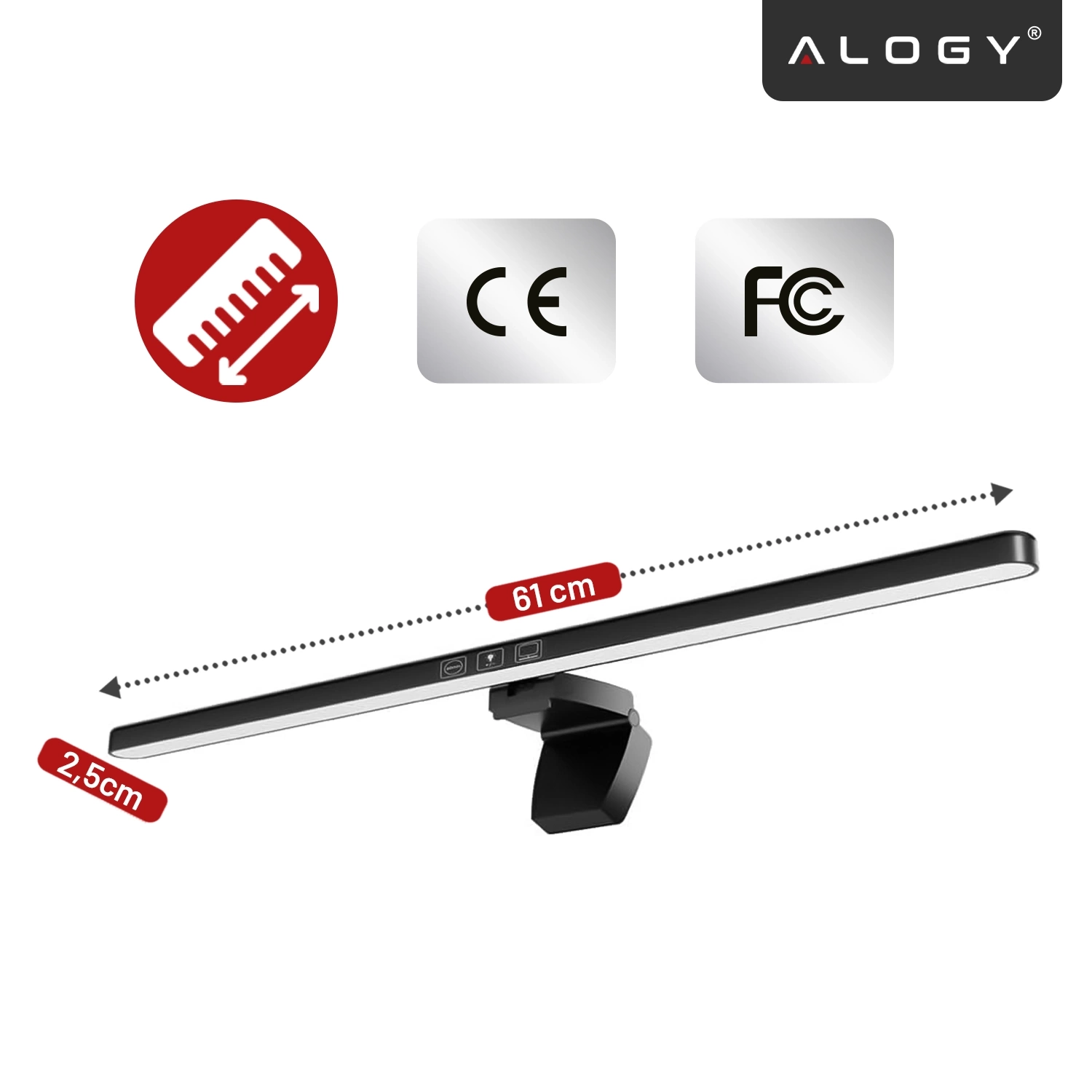 Obraz przedstawia lampkę LED na monitor o długości 61 cm i szerokości 2,5 cm, z dotykowym sterowaniem. Widoczne są także symbole certyfikatów CE i FCC oraz logo Alogy.
