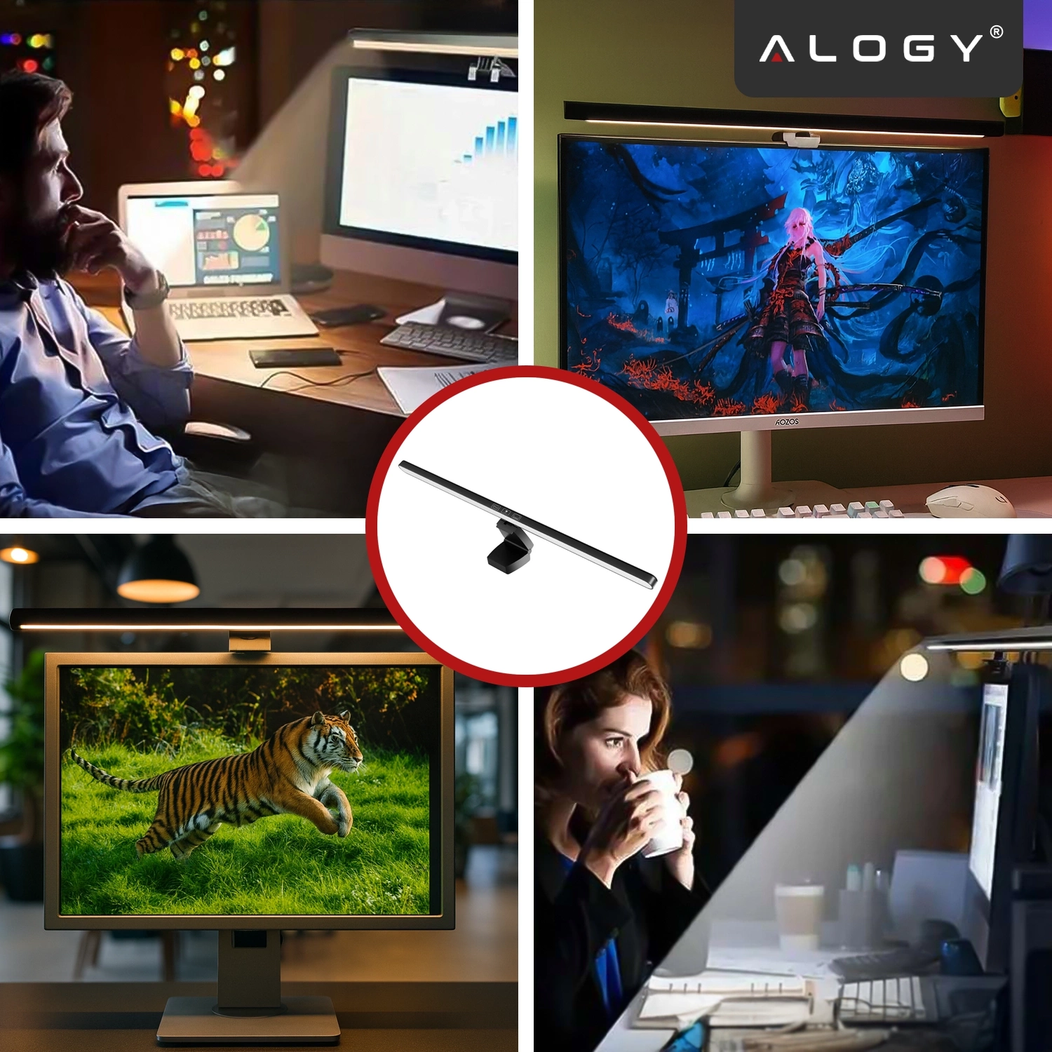 Kolaż przedstawia cztery zdjęcia monitorów z zamontowaną lampką LED oraz osobę pracującą przy komputerze. W prawym górnym rogu widoczne jest logo \'ALOGY\'.