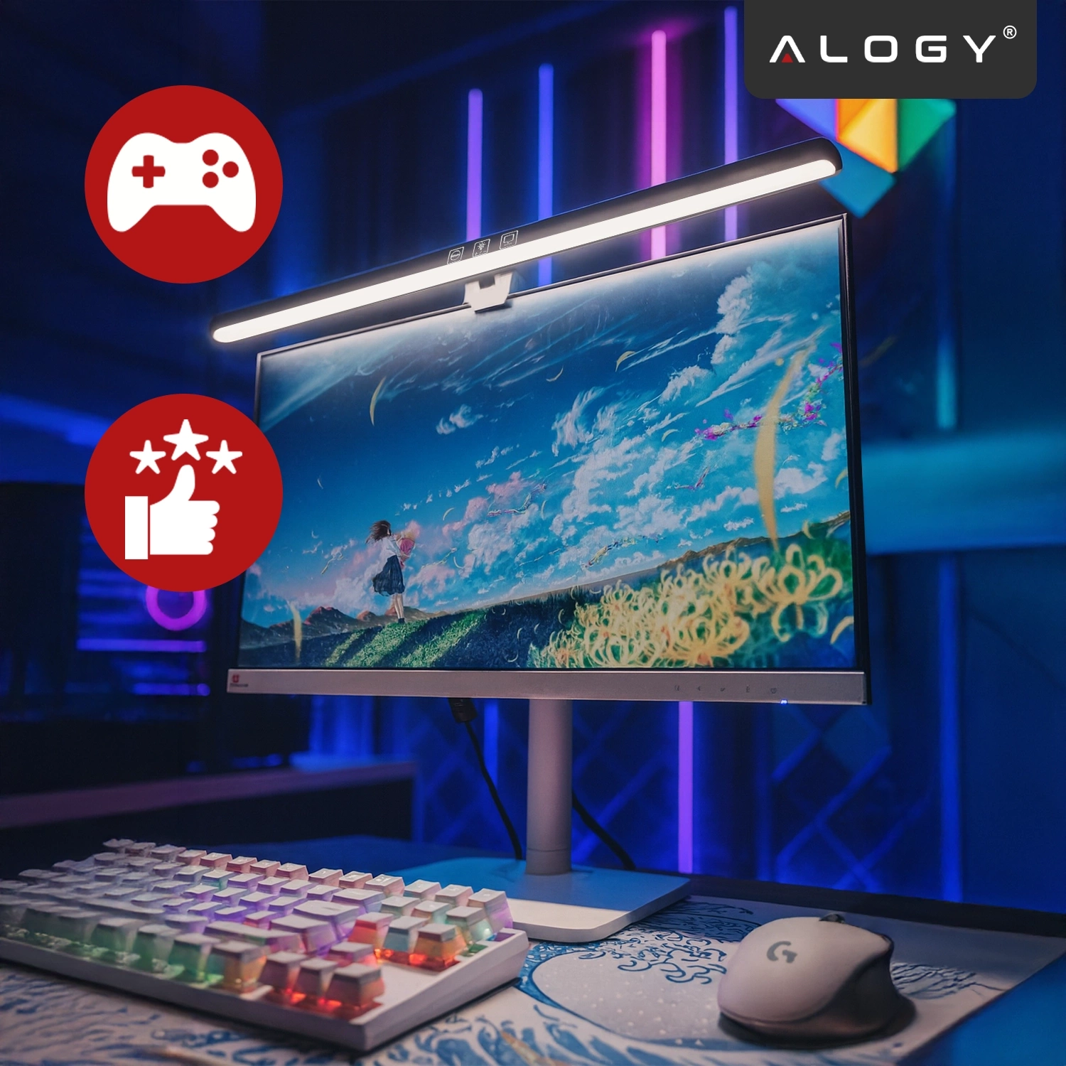 Na obrazie widoczny jest monitor z zamontowaną lampką LED na górze, a na ekranie wyświetlany jest kolorowy krajobraz. W tle znajdują się kolorowe światła, a w prawym górnym rogu widnieje logo \'ALOGY\'.