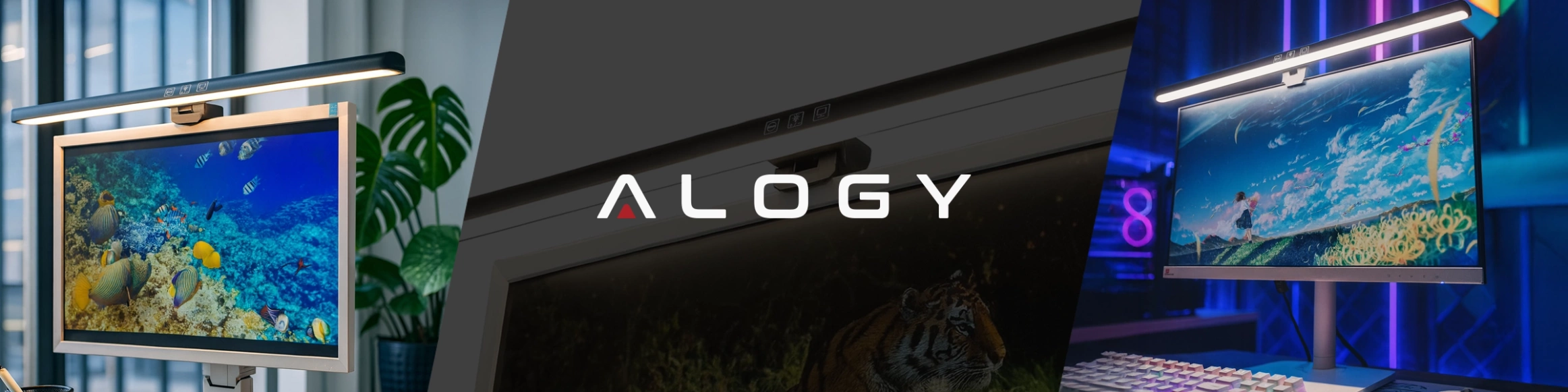 Obraz przedstawia trzy monitory z zamontowanymi lampkami LED na górnej krawędzi, emitującymi jasne światło. Na środku widoczne jest logo \'ALOGY\'.